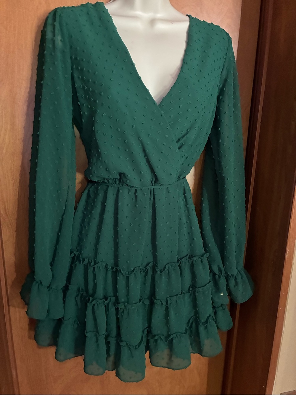 B Darlin Emerald Green Long Sleeve Ruffle Wrap Dress
